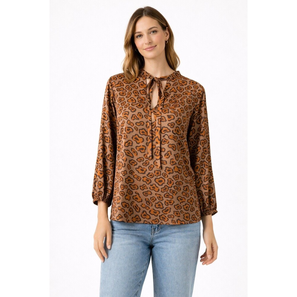 Tucker Womens Leopard Print Silk Blend Blouse Tie Neck Long Sleeve Small
